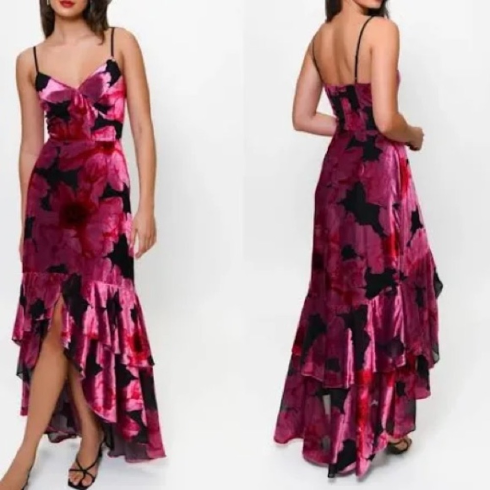 Hutch Fuchsia and Black Floral High Low Dress